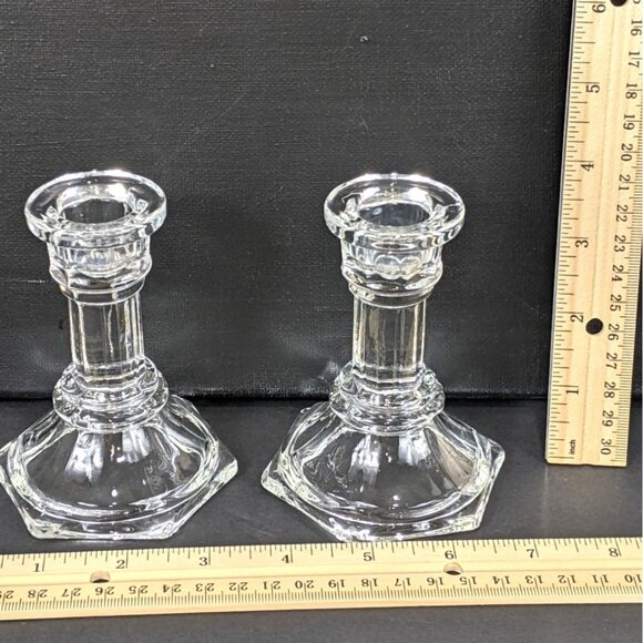 Vintage Clear Glass Hexagonal Candlestick Holders 2 Piece Set Elegant Home Decor - Picture 4 of 6
